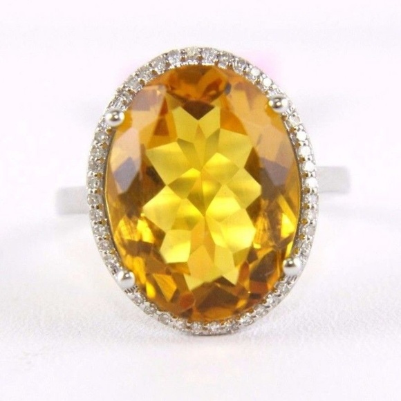 Honey Yellow Citrine & Diamond Halo Ring WG 7.64Ct - Picture 5 of 7